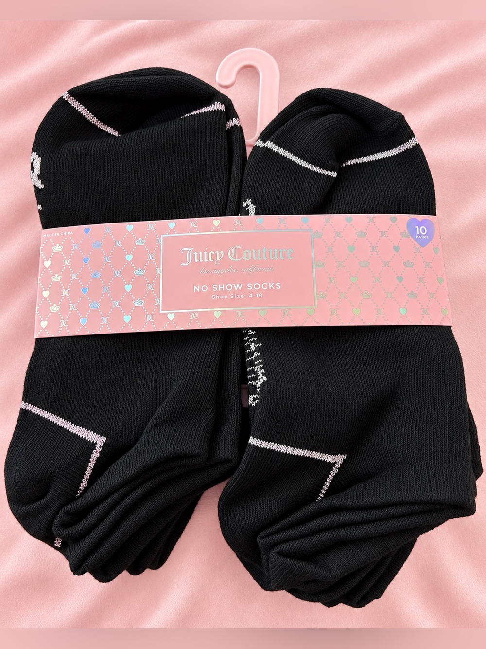 Juicy Couture Black No-Show Socks with Pink & White Trim - 10 Pack